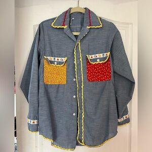 Vintage Chambray Rooster Shirt with Colorful Pockets